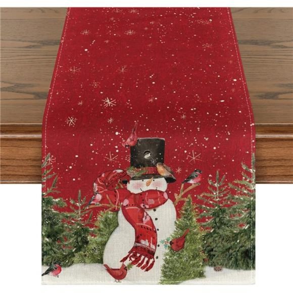 Snowman Christmas Birds Trees Table Runner, Kitchen Dining 13 x 72 Inch - Picture 3 of 5